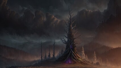 fantastic scene of a lonely withered tree against dark clouds

