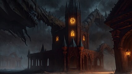 fantastic scene of a church against a background of dark clouds