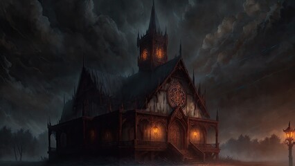Fototapeta na wymiar fantastic scene of a church against a background of dark clouds
