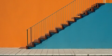 AI Generated. AI Generative. Vintage Mexican wall with stairs. Orange and blue collor. Graphic Art