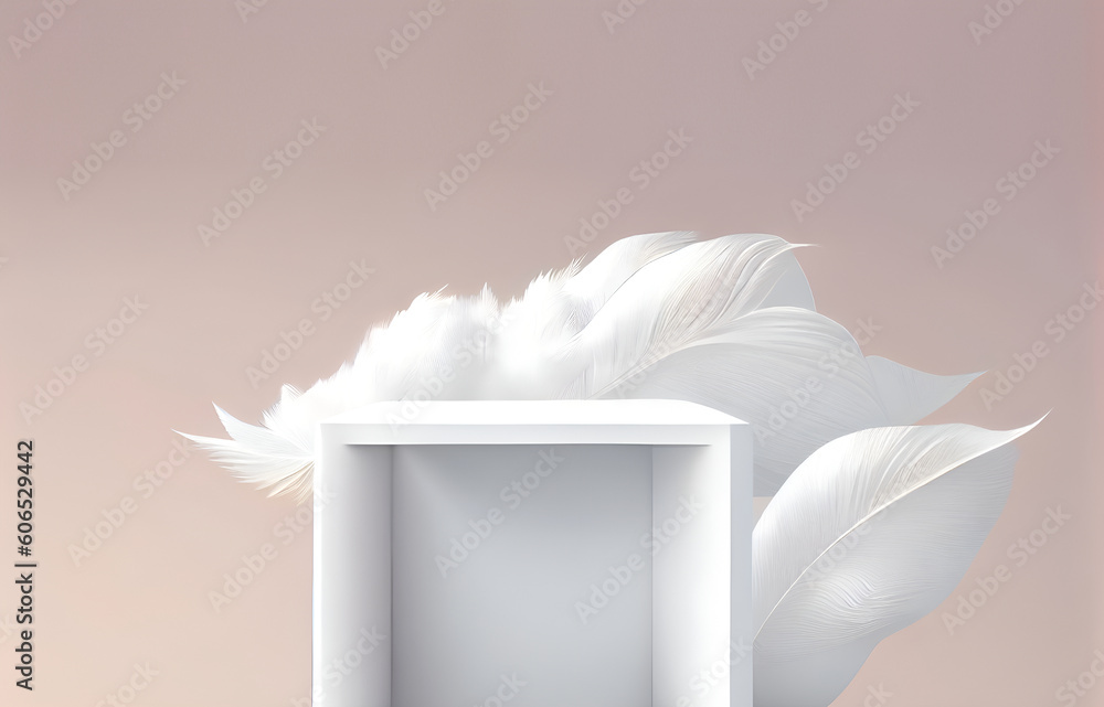 Wall mural Abstract minimal concept. White Podium background with soft feather. Mock up template for product presentation. copy text space