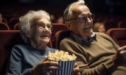 Happy senior couple with popcorn at cinema, generative AI
