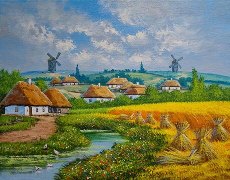 Oil paintings summer landscape, rural landscape with windmill in the country, old village, landscape with lake and trees