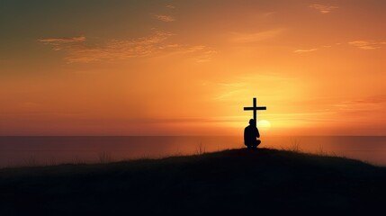 Cross in sunset and lone silhouetted person praying created with Generative AI technology.