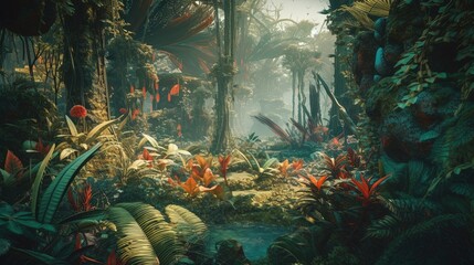 image of a lush jungle on an alien planet with exotic plants created with Generative AI technology.