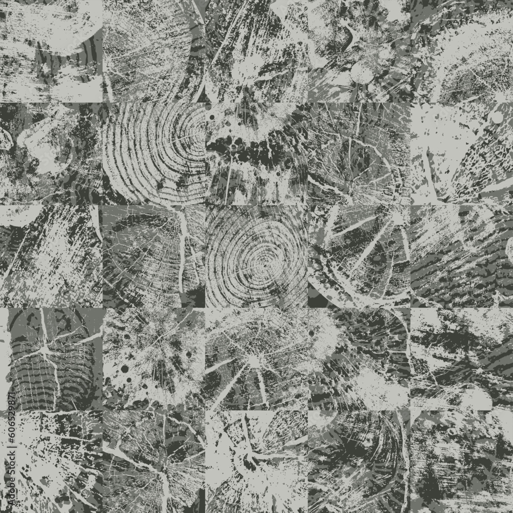 Poster abstract seamless pattern texture consisting of square elements of wood saw cuts and sea stone textu