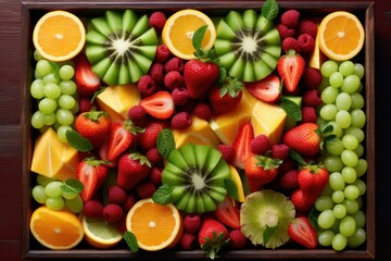 Naklejka na ściany i meble Colorful Tropical Fruit Salad Top View. Fruits Knolling Assortiment. Generative AI illustration. 