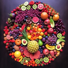 Naklejka na ściany i meble Colorful Tropical Fruit Salad Top View. Fruits Knolling Assortiment. Generative AI illustration. 