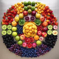 Colorful Tropical Fruit Salad Top View. Fruits Knolling Assortiment. Generative AI illustration. 