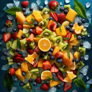 Top View of Vegetables and Fruits Salad on isolated on Ice Background. Generative AI illustration.