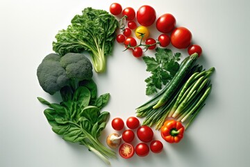 Fresh vegetables are laid out in a circle on a white background top view. Banner for a vegetable shop. Generative ai