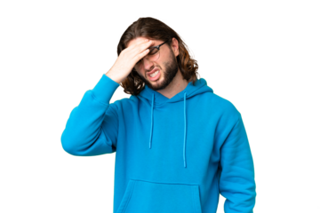 Young handsome man over isolated chroma key background with headache