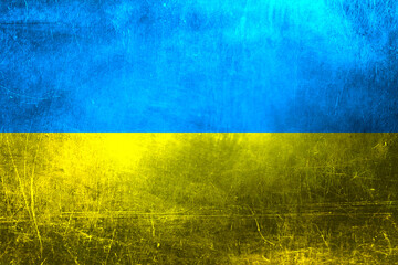The Ukrainian flag is stylized as damaged and dirty.