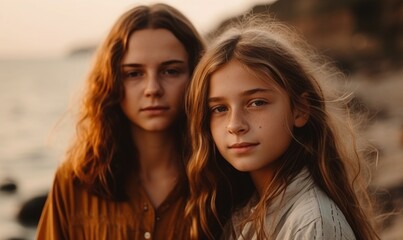 Fototapeta premium Portrait of mother and daughter against the background of the sea, generative AI