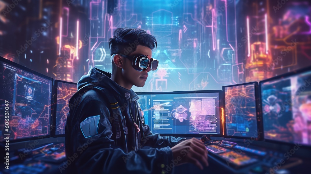 Poster depict a skilled cyberpunk hacker in a futuristic setting, surrounded by holographic interfaces, int