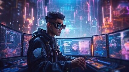 Depict a skilled cyberpunk hacker in a futuristic setting, surrounded by holographic interfaces, intricate code, and virtual reality elements