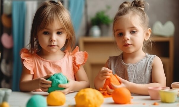 Two cute little sisters having fun together with colorful modeling clay at a daycare, generative AI
