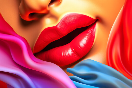 Abstract image, illustration or vector close up of the lips of two women touching one another in a kiss. Lesbian, lgbt concept art.