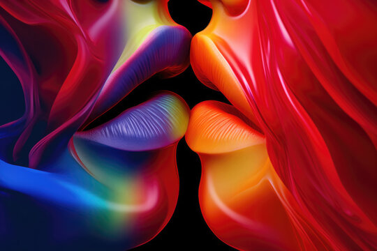 Abstract image, illustration or vector close up of the lips of two women touching one another in a kiss. Lesbian, lgbt concept art.