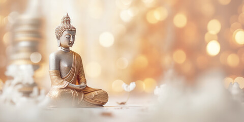 buddha statue meditation soft color and blur style in the shiny bokeh. Generative AI  - obrazy, fototapety, plakaty