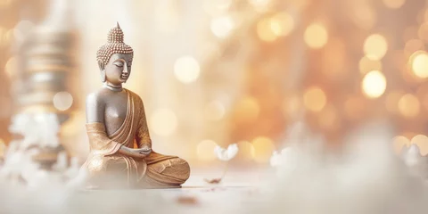 Foto op Aluminium buddha statue meditation soft color and blur style in the shiny bokeh. Generative AI  © Marc Andreu