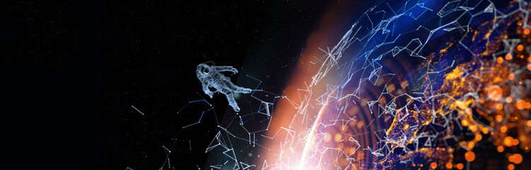 Communication technology for internet business. halographic astronaut floating in space the planet earth background. © greenbutterfly