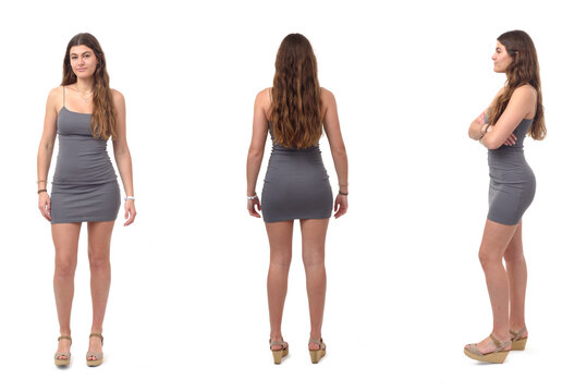 Front ,side and back view of same young girl standing on white background