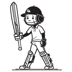 This is a Cricket Player Clipart, Cricket Player Black and white line art. Cricket Player Vector Silhouette.