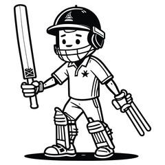 This is a Cricket Player Clipart, Cricket Player Black and white line art. Cricket Player Vector Silhouette.