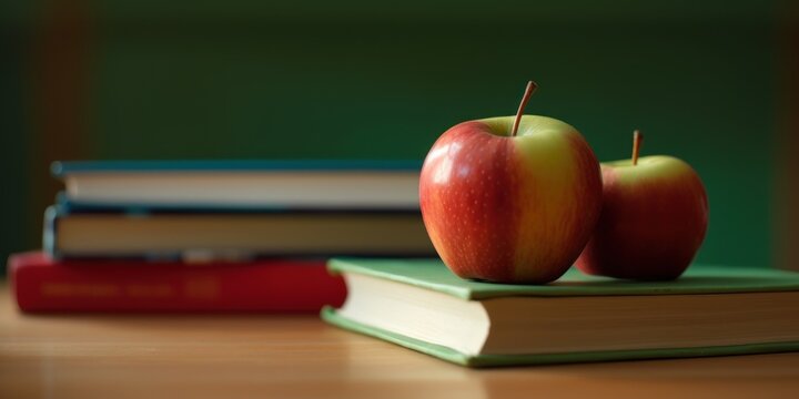 Back to school banner. Student books and an apple on table over solid green background. AI generative