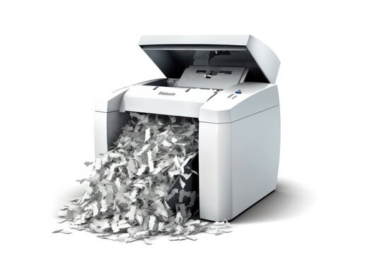 Desktop office paper shredder in operation, designed to enhance document security, isolated on a white background, generative ai