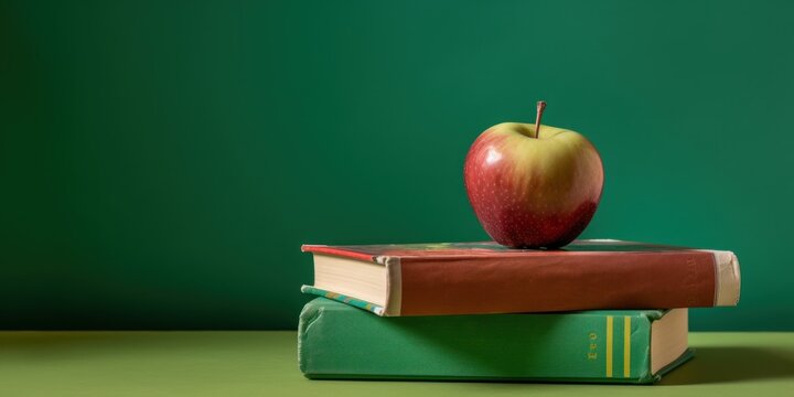 Back to school banner. Student books and an apple on table over solid green background. AI generative