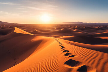A vast desert landscape, with towering sand dunes glowing in the warm sunlight, casting long shadows 