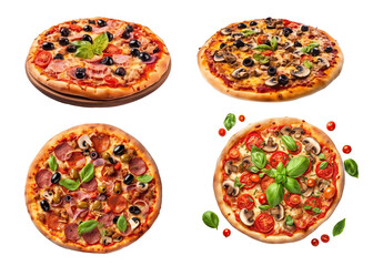 Fototapeta na wymiar Set of Italian vegetarian and salami pizzas on a transparent background. Generative AI.