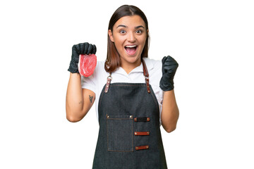 Butcher woman wearing an apron and serving fresh cut meat isolated on green chroma background...