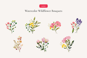 Watercolor wildflower bouquets. Vector set of delicate meadow floral bouquets. Floral arrangements