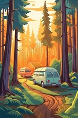 Morning outdoor landscape of park forest with adventure, tents, and cars. (Generative AI)