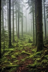 The forest is misty with fir trees. (Generative AI)