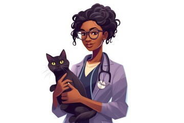 On a white background, a black female vet holds a cat. (Generative AI)