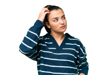 Young beauty woman over isolated chroma key background having doubts while scratching head