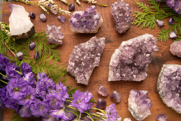 Gemstones and Crystals on Vintage Wooden Table