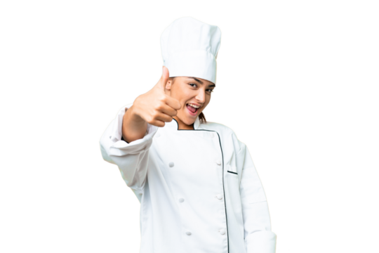 Young woman Chef over isolated chroma key background with thumbs up because something good has happened - Powered by Adobe