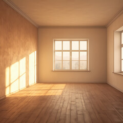 Clean, empty, wooden room, sun is shining trough the window