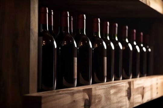 Red wine bottles on wooden shelf, created with generative AI