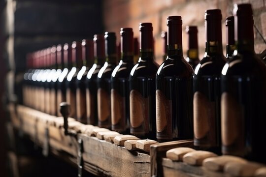 Red wine bottles on wooden shelf
