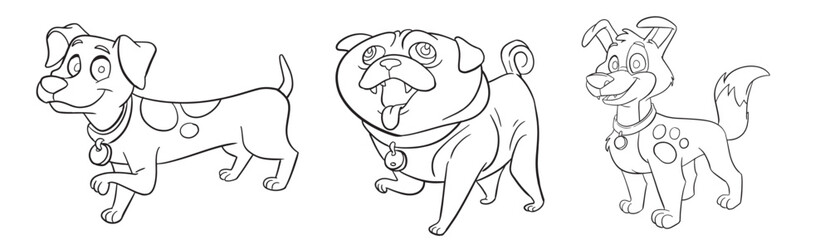 Naklejka premium Cartoon dogs illustration, coloring page style, isolated vector icon and mascot illustration, white background.
