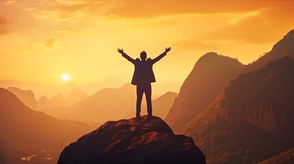 Silhouette of successful businessman keeping hands up hiking on the top of mountain - Celebrating success, winner and leader concept, silhouette of a person on the top of mountain, Generative AI