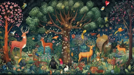 Fototapete Eulen-Cartoons Depict a whimsical forest filled with enchanted trees, talking animals, and hidden magical beings