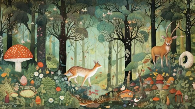 Fototapeta Depict a whimsical forest filled with enchanted trees, talking animals, and hidden magical beings