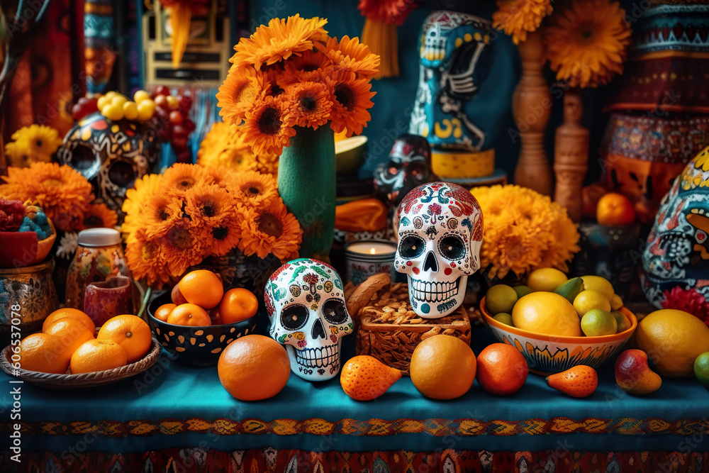 Poster a table topped with lots of different types of fruit. ai generative. day of the dead picturesque dis